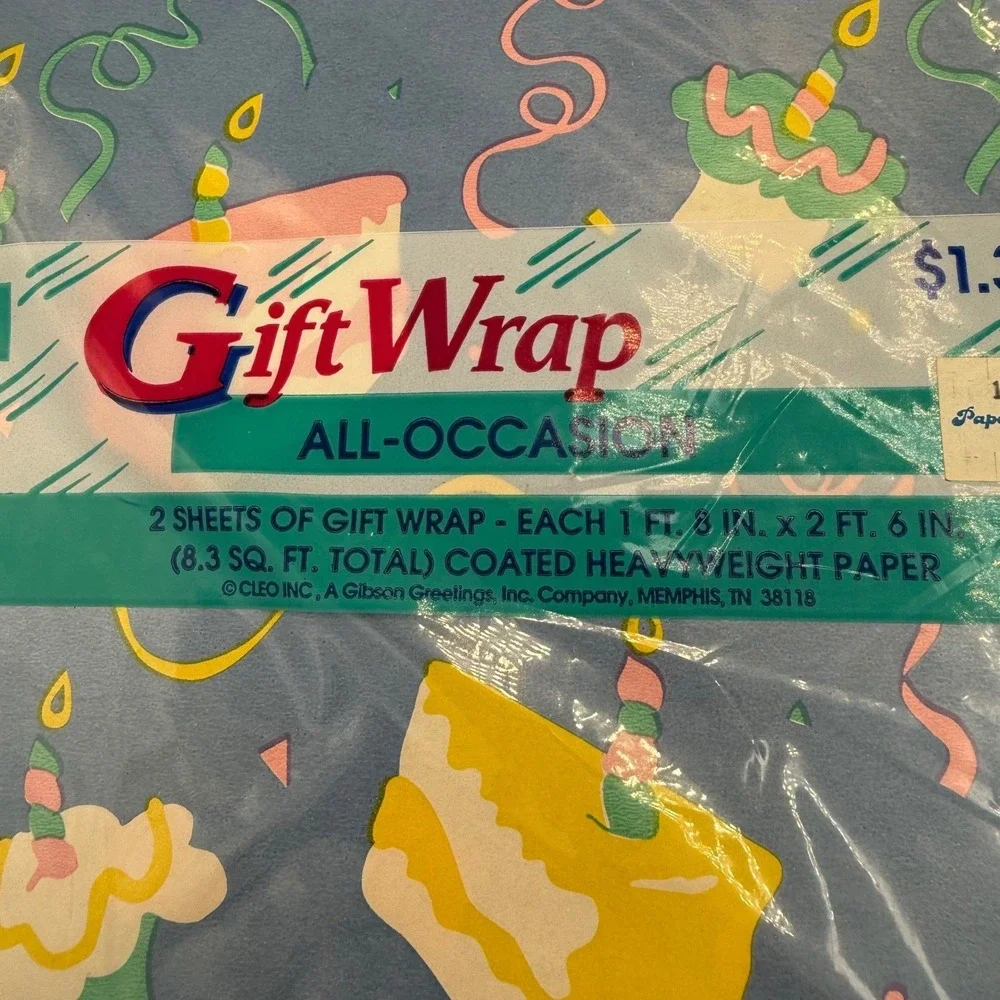 Vintage Gibson Cleo Birthday Gift Wrap 4 Sheets Wrapping Paper Animals Cake NEW